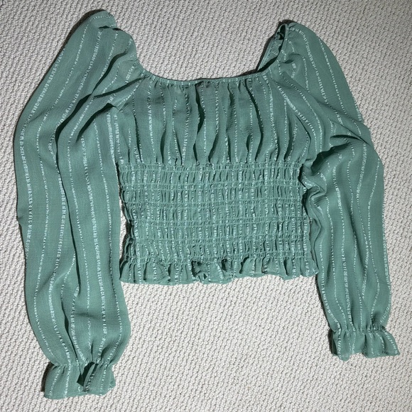 Smocked semi sheer crop top women’s L puffed sleeve ruffle ribbon feminine green - Picture 2 of 9